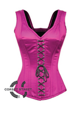 Purple Satin Shoulder Straps Black Lace Opening Gothic Burlesque Bustier Waist Training Overbust Corset Costume